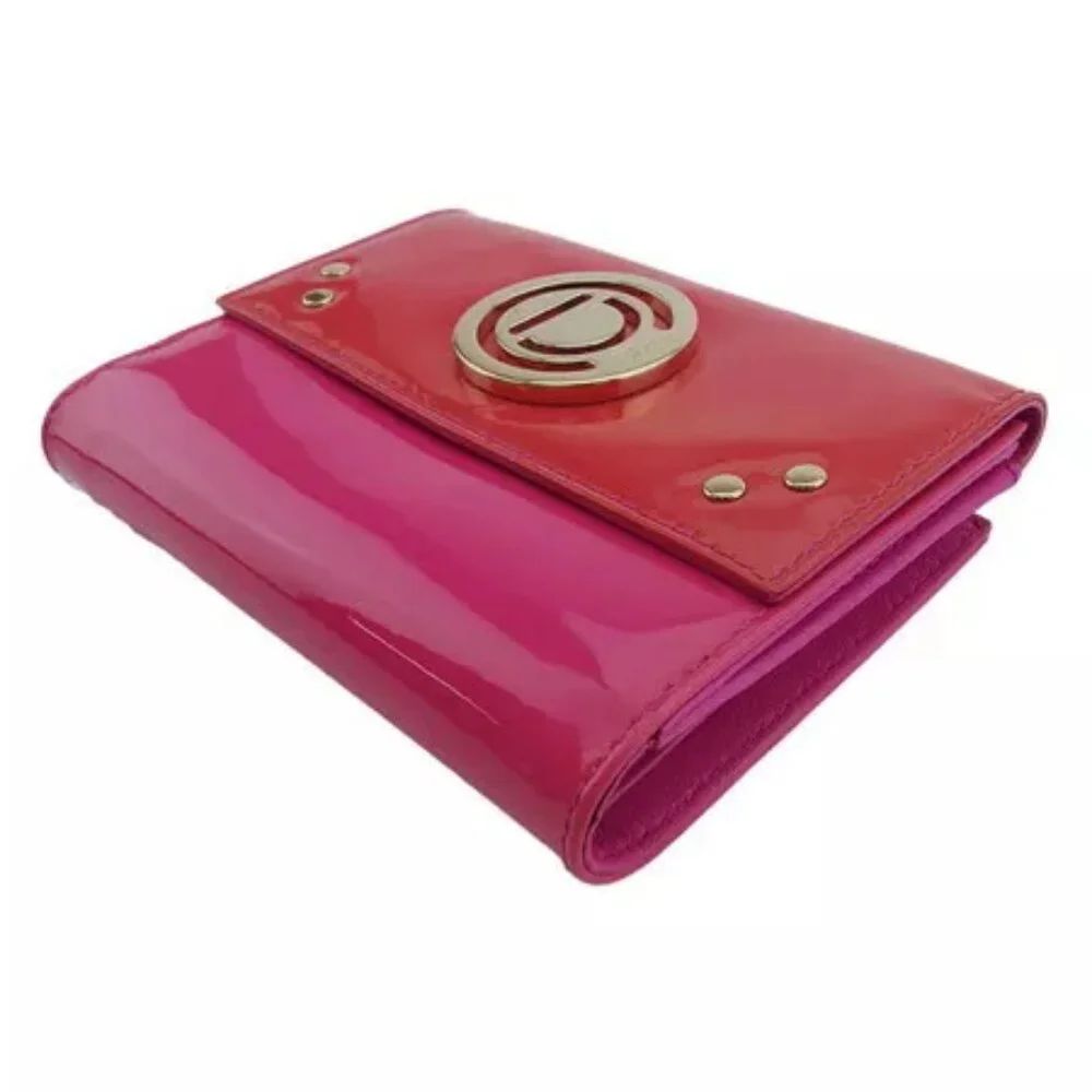 Dior W hook wallet D mark plate pink enamel leather Authentic Used
